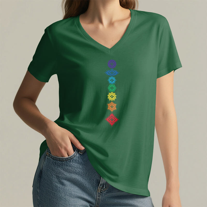 T-shirt Olivenorma à col en V pour femme, motif mandala des sept chakras vertical et spirituel - image 25