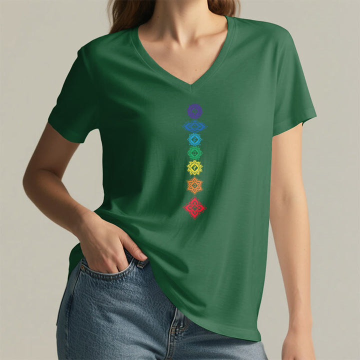 T-shirt Olivenorma à col en V pour femme, motif mandala des sept chakras vertical et spirituel - image 25