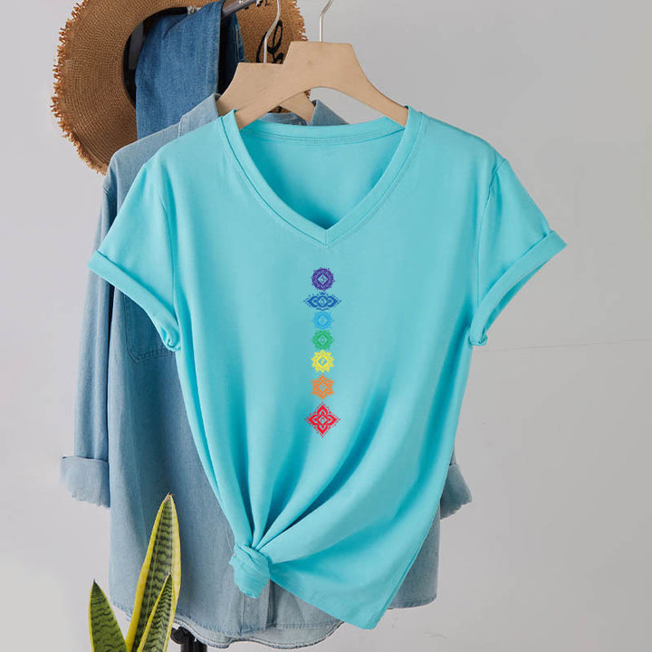 T-shirt Olivenorma à col en V pour femme, motif mandala des sept chakras vertical et spirituel - image 14