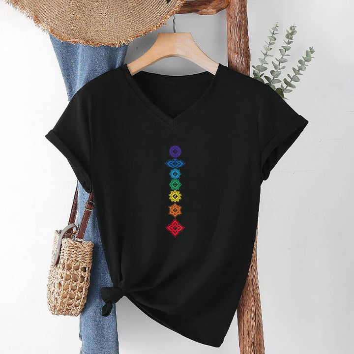 T-shirt Olivenorma à col en V pour femme, motif mandala des sept chakras vertical et spirituel - image 17