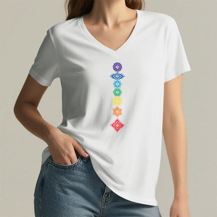 T-shirt Olivenorma à col en V pour femme, motif mandala des sept chakras vertical et spirituel - image 19