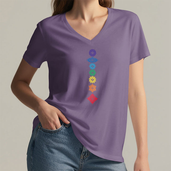 T-shirt Olivenorma à col en V pour femme, motif mandala des sept chakras vertical et spirituel - image 37