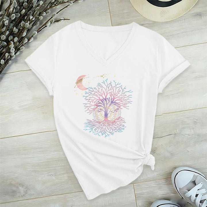 T-shirt Olivenorma Boho à col en V pour femme, motif croissant de lune, étoile, galaxie et arbre de vie - Blanc - 2XL - image 18