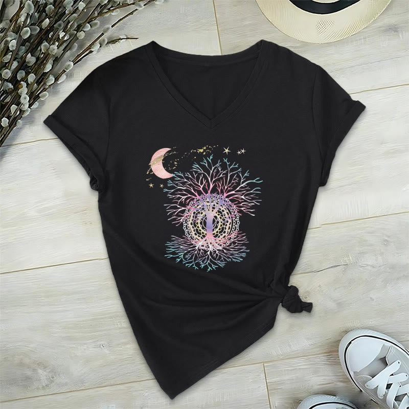 T-shirt Olivenorma Boho à col en V pour femme, motif croissant de lune, étoile, galaxie et arbre de vie - Noir - 2XL - image 15