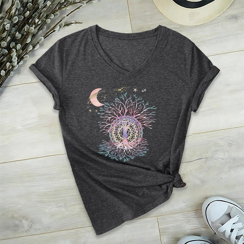 T-shirt Olivenorma Boho à col en V pour femme, motif croissant de lune, étoile, galaxie et arbre de vie - Gris - 2XL - image 0