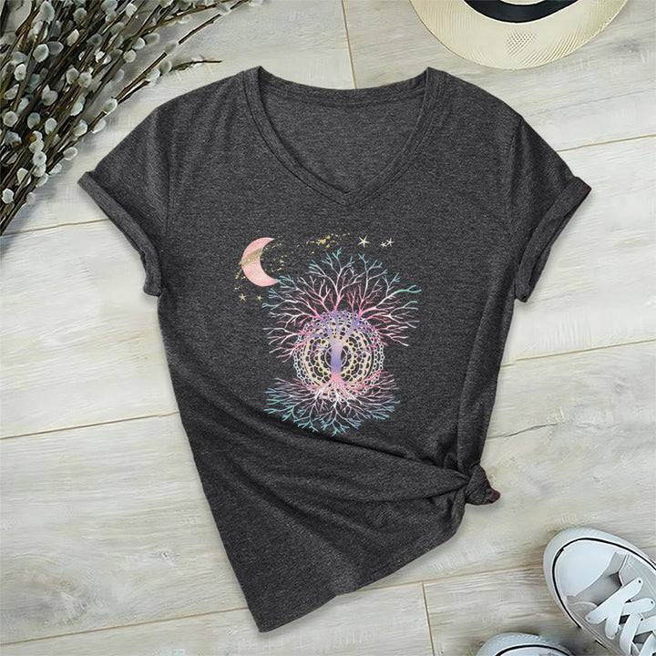 T-shirt Olivenorma Boho à col en V pour femme, motif croissant de lune, étoile, galaxie et arbre de vie - Gris - 2XL - image 0