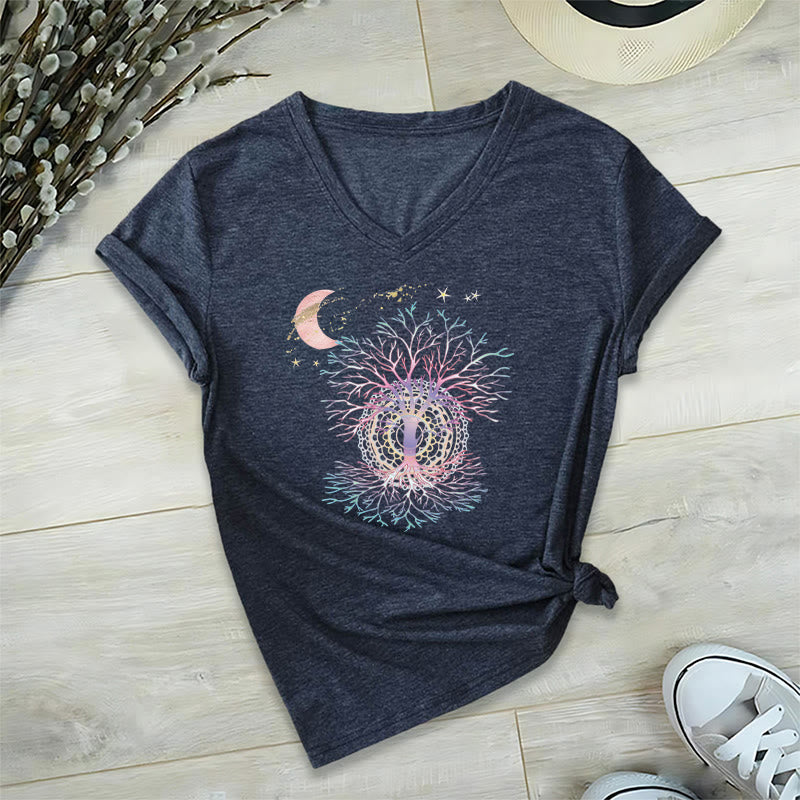 T-shirt Olivenorma Boho à col en V pour femme, motif croissant de lune, étoile, galaxie et arbre de vie - Bleu marine - 2XL - image 21