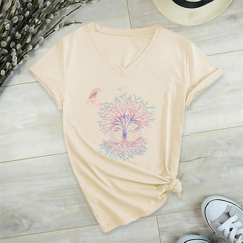 T-shirt Olivenorma Boho à col en V pour femme, motif croissant de lune, étoile, galaxie et arbre de vie - Kaki - 2XL - image 6