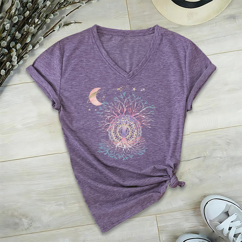 T-shirt Olivenorma Boho à col en V pour femme, motif croissant de lune, étoile, galaxie et arbre de vie - Violet - 2XL - image 36