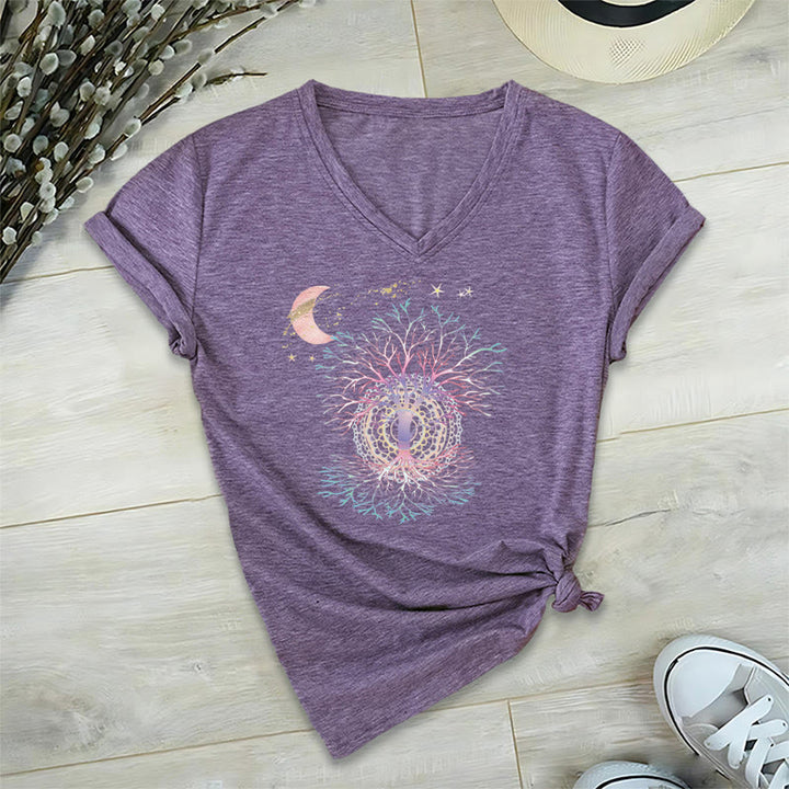 T-shirt Olivenorma Boho à col en V pour femme, motif croissant de lune, étoile, galaxie et arbre de vie - Violet - 2XL - image 36