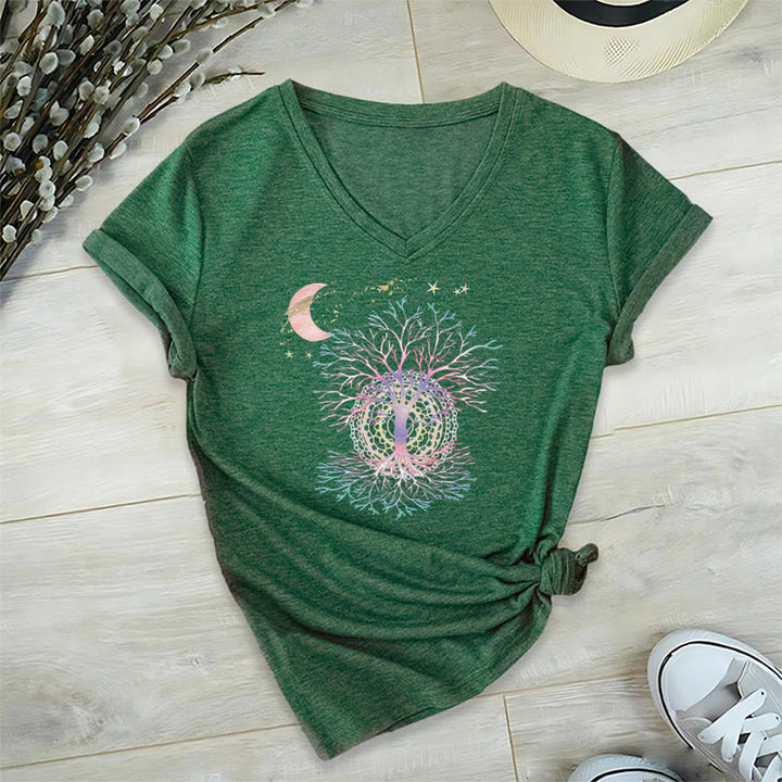 T-shirt Olivenorma Boho à col en V pour femme, motif croissant de lune, étoile, galaxie et arbre de vie - Vert foncé - 2XL - image 24