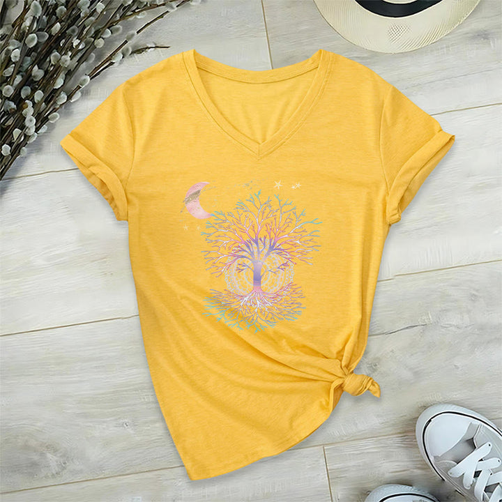 T-shirt Olivenorma Boho à col en V pour femme, motif croissant de lune, étoile, galaxie et arbre de vie - Jaune - 2XL - image 30