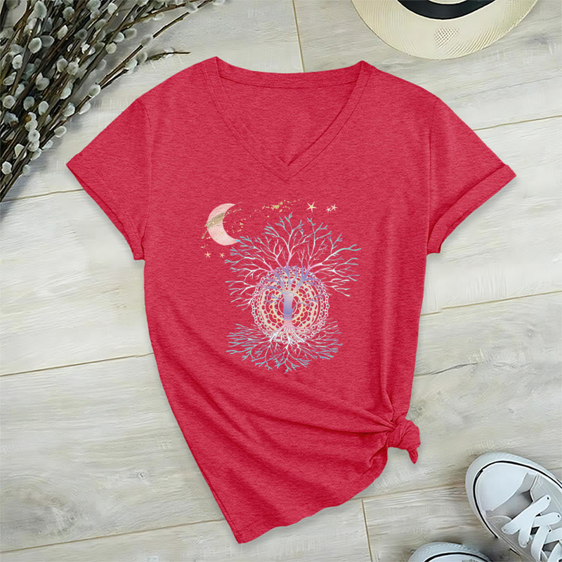 T-shirt Olivenorma Boho à col en V pour femme, motif croissant de lune, étoile, galaxie et arbre de vie - Rouge - 2XL - image 27