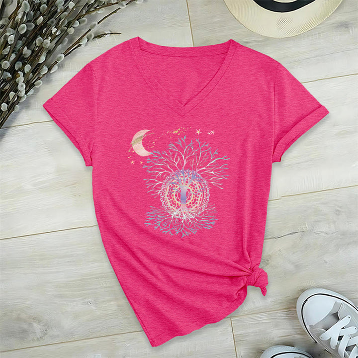 T-shirt Olivenorma Boho à col en V pour femme, motif croissant de lune, étoile, galaxie et arbre de vie - Rose rouge - 2XL - image 33