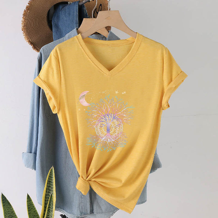 T-shirt Olivenorma Boho à col en V pour femme, motif croissant de lune, étoile, galaxie et arbre de vie - image 31