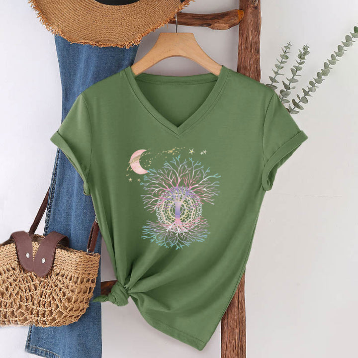 T-shirt Olivenorma Boho à col en V pour femme, motif croissant de lune, étoile, galaxie et arbre de vie - image 4