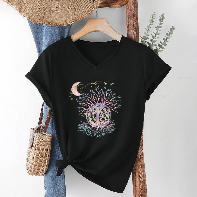T-shirt Olivenorma Boho à col en V pour femme, motif croissant de lune, étoile, galaxie et arbre de vie - image 16