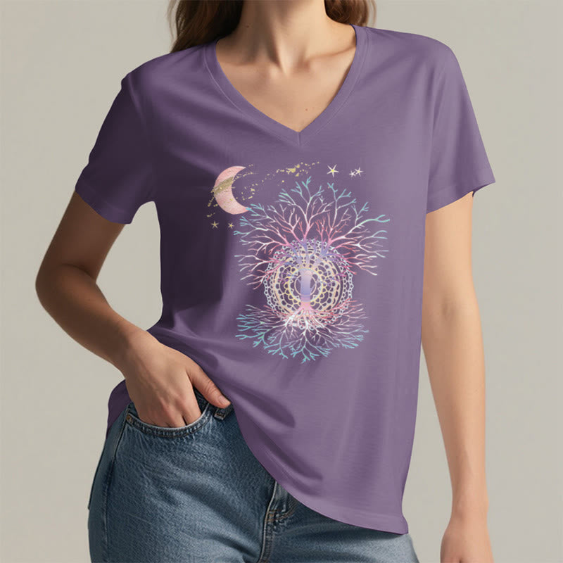 T-shirt Olivenorma Boho à col en V pour femme, motif croissant de lune, étoile, galaxie et arbre de vie - image 38