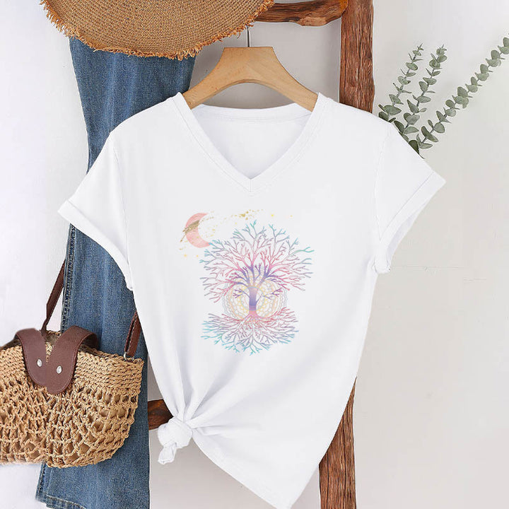 T-shirt Olivenorma Boho à col en V pour femme, motif croissant de lune, étoile, galaxie et arbre de vie - image 19