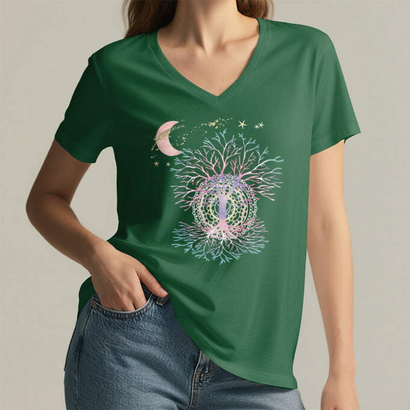 T-shirt Olivenorma Boho à col en V pour femme, motif croissant de lune, étoile, galaxie et arbre de vie - image 26