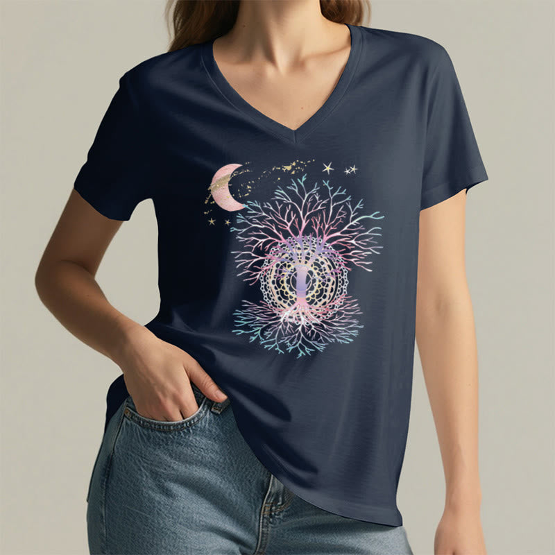 T-shirt Olivenorma Boho à col en V pour femme, motif croissant de lune, étoile, galaxie et arbre de vie - image 23