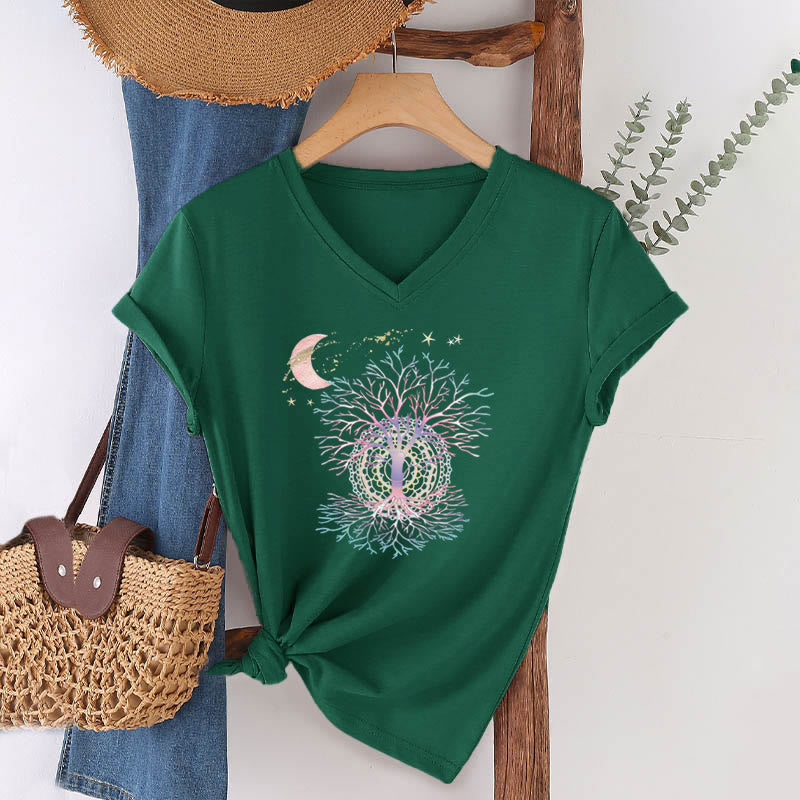 T-shirt Olivenorma Boho à col en V pour femme, motif croissant de lune, étoile, galaxie et arbre de vie - image 25