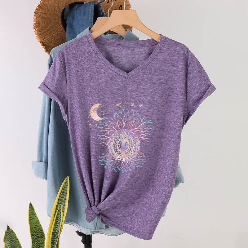 T-shirt Olivenorma Boho à col en V pour femme, motif croissant de lune, étoile, galaxie et arbre de vie - image 37
