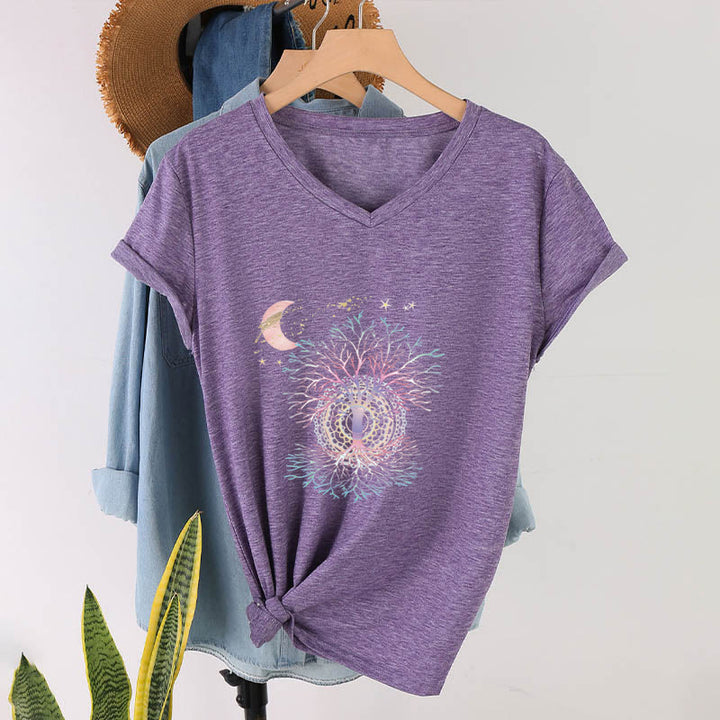 T-shirt Olivenorma Boho à col en V pour femme, motif croissant de lune, étoile, galaxie et arbre de vie - image 37