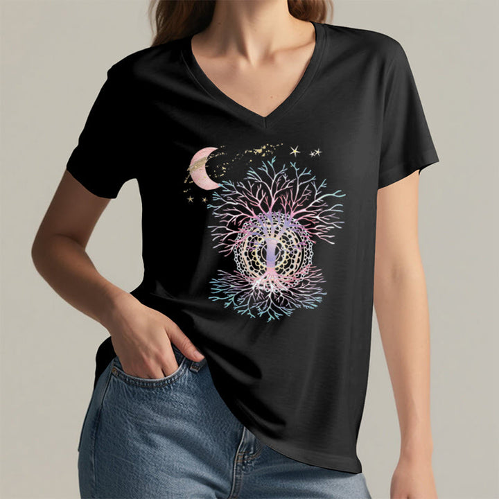 T-shirt Olivenorma Boho à col en V pour femme, motif croissant de lune, étoile, galaxie et arbre de vie - image 17