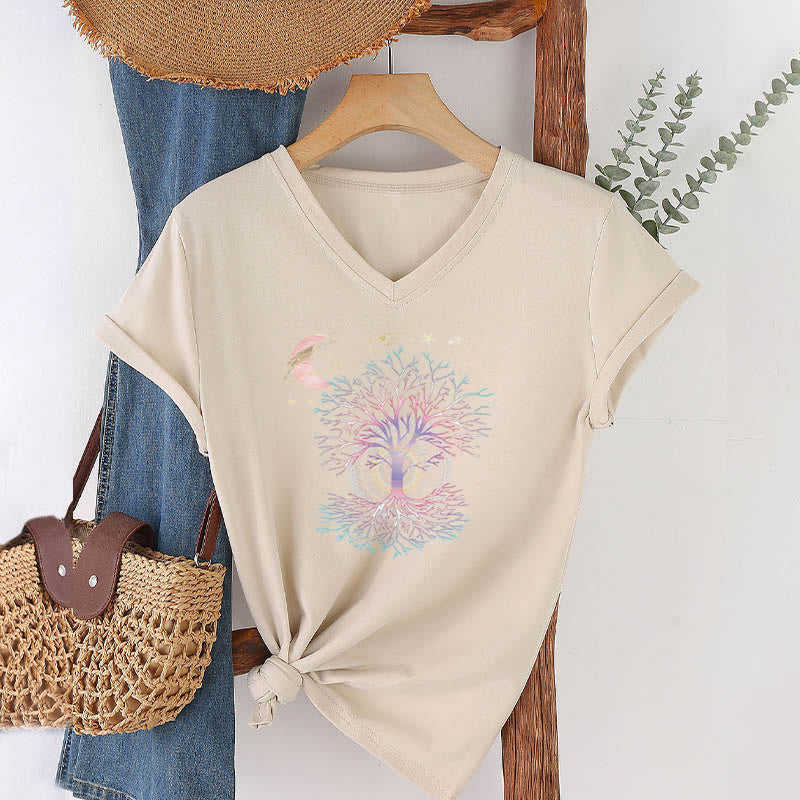 T-shirt Olivenorma Boho à col en V pour femme, motif croissant de lune, étoile, galaxie et arbre de vie - image 7