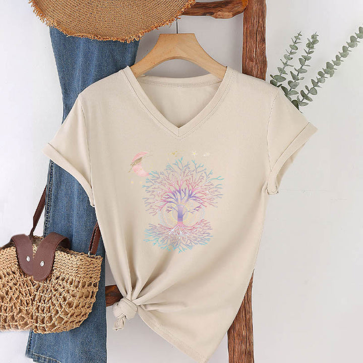 T-shirt Olivenorma Boho à col en V pour femme, motif croissant de lune, étoile, galaxie et arbre de vie - image 7