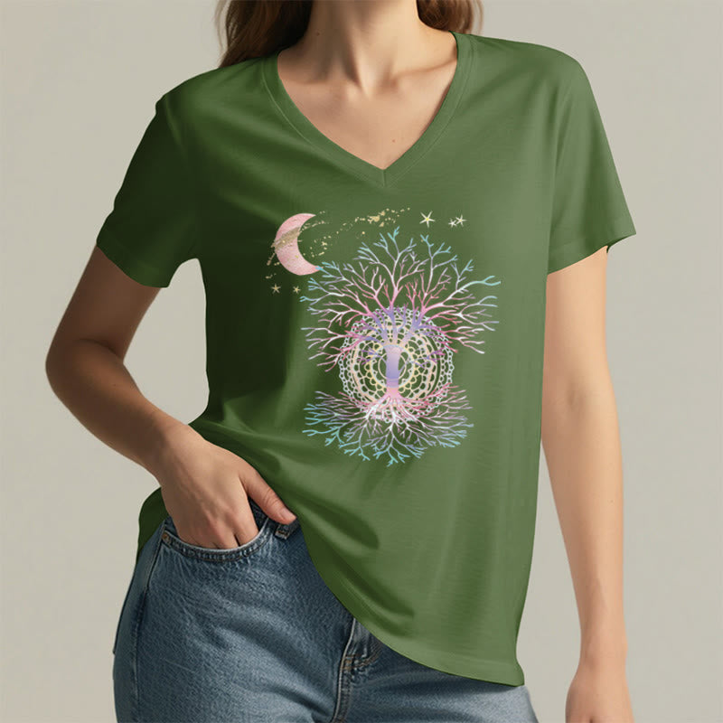 T-shirt Olivenorma Boho à col en V pour femme, motif croissant de lune, étoile, galaxie et arbre de vie - image 5