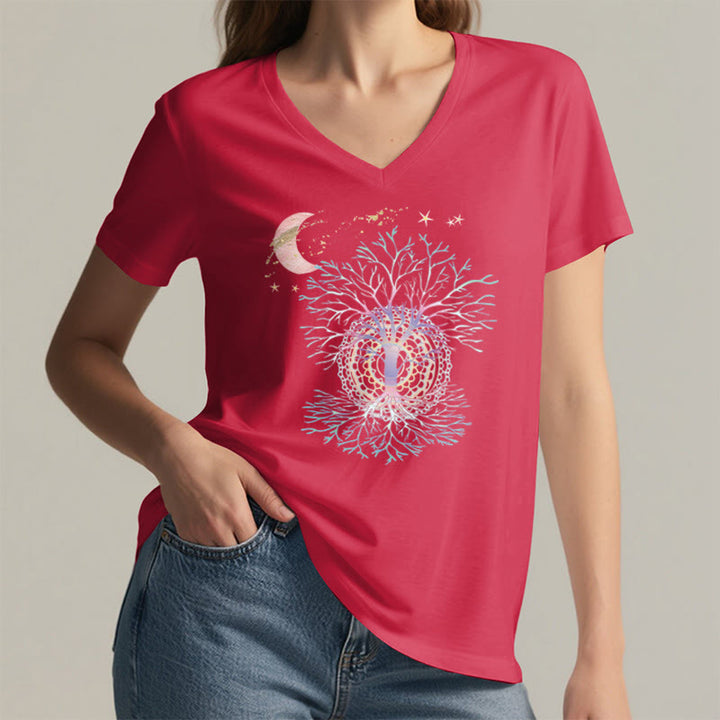 T-shirt Olivenorma Boho à col en V pour femme, motif croissant de lune, étoile, galaxie et arbre de vie - image 29