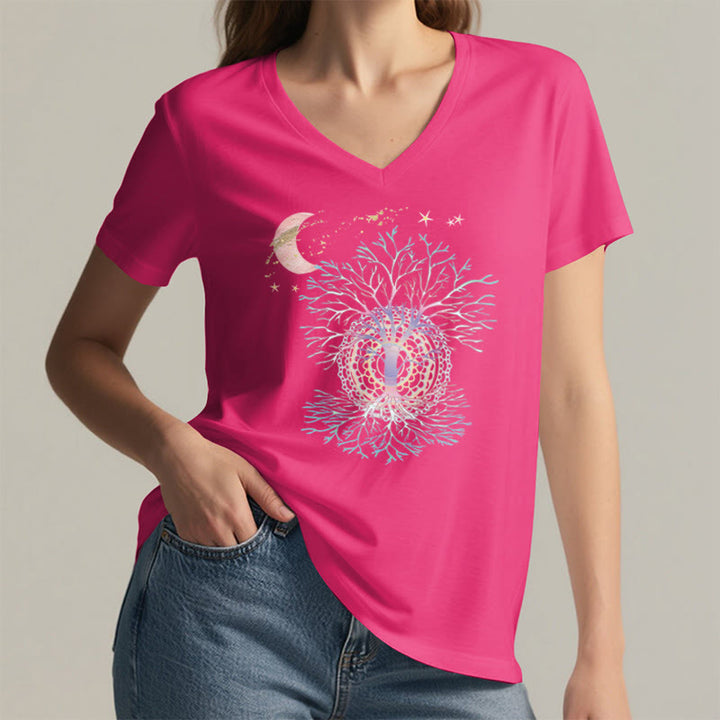 T-shirt Olivenorma Boho à col en V pour femme, motif croissant de lune, étoile, galaxie et arbre de vie - image 35