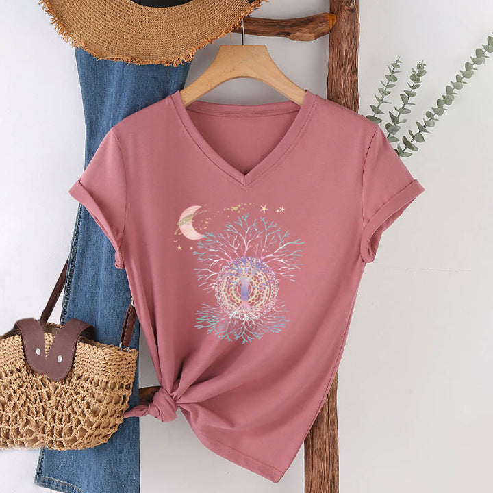 T-shirt Olivenorma Boho à col en V pour femme, motif croissant de lune, étoile, galaxie et arbre de vie - image 10