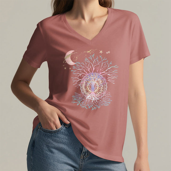 T-shirt Olivenorma Boho à col en V pour femme, motif croissant de lune, étoile, galaxie et arbre de vie - image 11