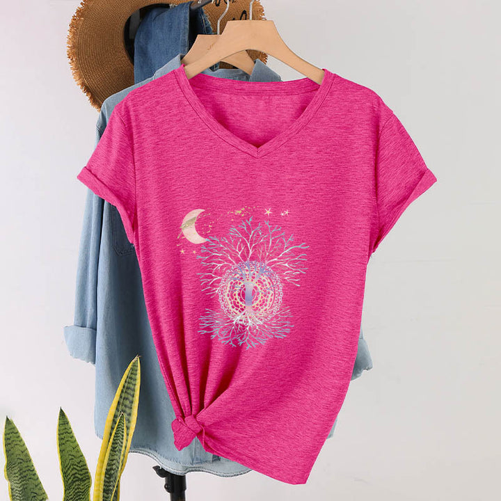 T-shirt Olivenorma Boho à col en V pour femme, motif croissant de lune, étoile, galaxie et arbre de vie - image 34