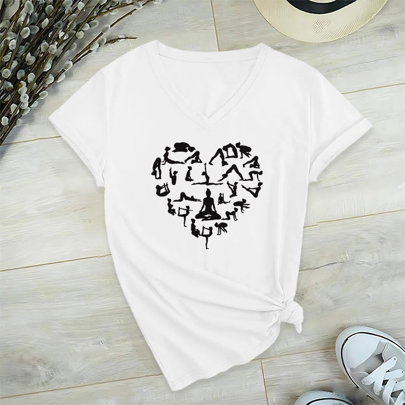 T-shirt à col en V pour femme Olivenorma avec motif silhouette de toutes les postures de yoga en forme de cœur - Blanc - 2XL - image 18