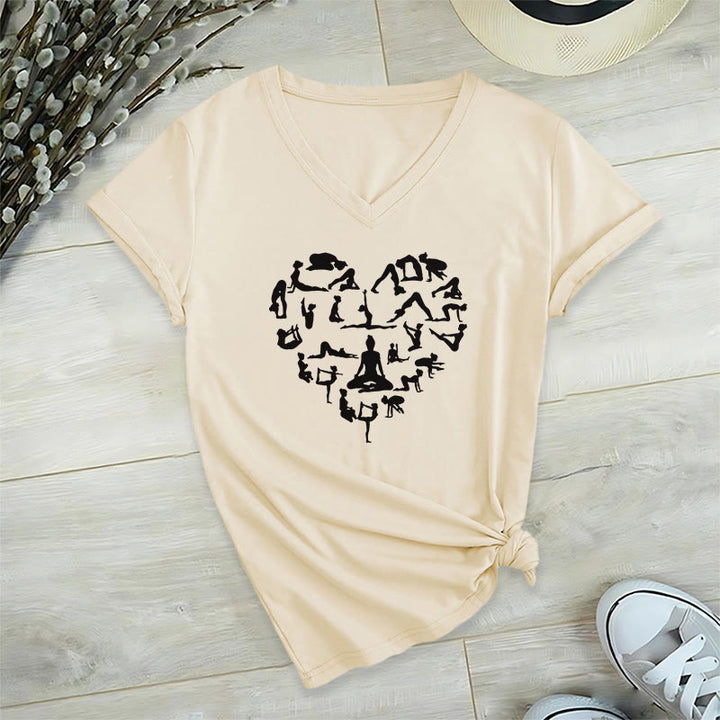 T-shirt à col en V pour femme Olivenorma avec motif silhouette de toutes les postures de yoga en forme de cœur - Kaki - 2XL - image 6