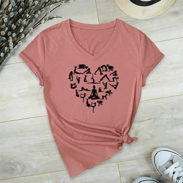 T-shirt à col en V pour femme Olivenorma avec motif silhouette de toutes les postures de yoga en forme de cœur - Rose - 2XL - image 0