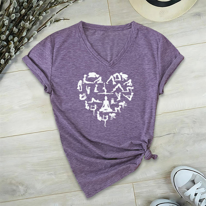 T-shirt à col en V pour femme Olivenorma avec motif silhouette de toutes les postures de yoga en forme de cœur - Violet - 2XL - image 36