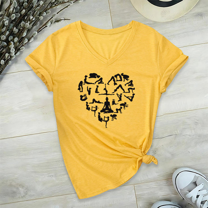 T-shirt à col en V pour femme Olivenorma avec motif silhouette de toutes les postures de yoga en forme de cœur - Jaune - 2XL - image 30