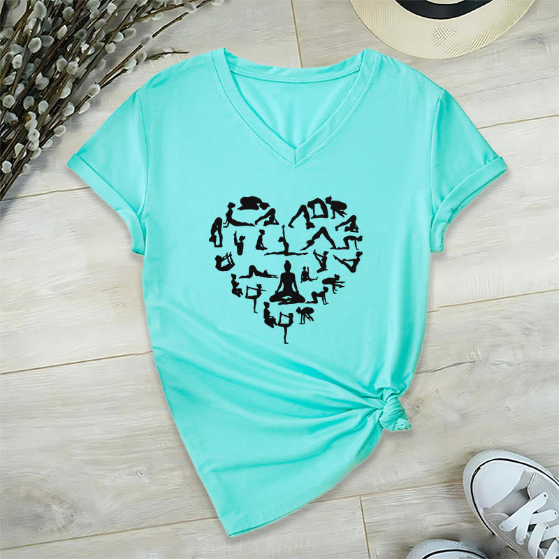 T-shirt à col en V pour femme Olivenorma avec motif silhouette de toutes les postures de yoga en forme de cœur - Lac Bleu - 2XL - image 9