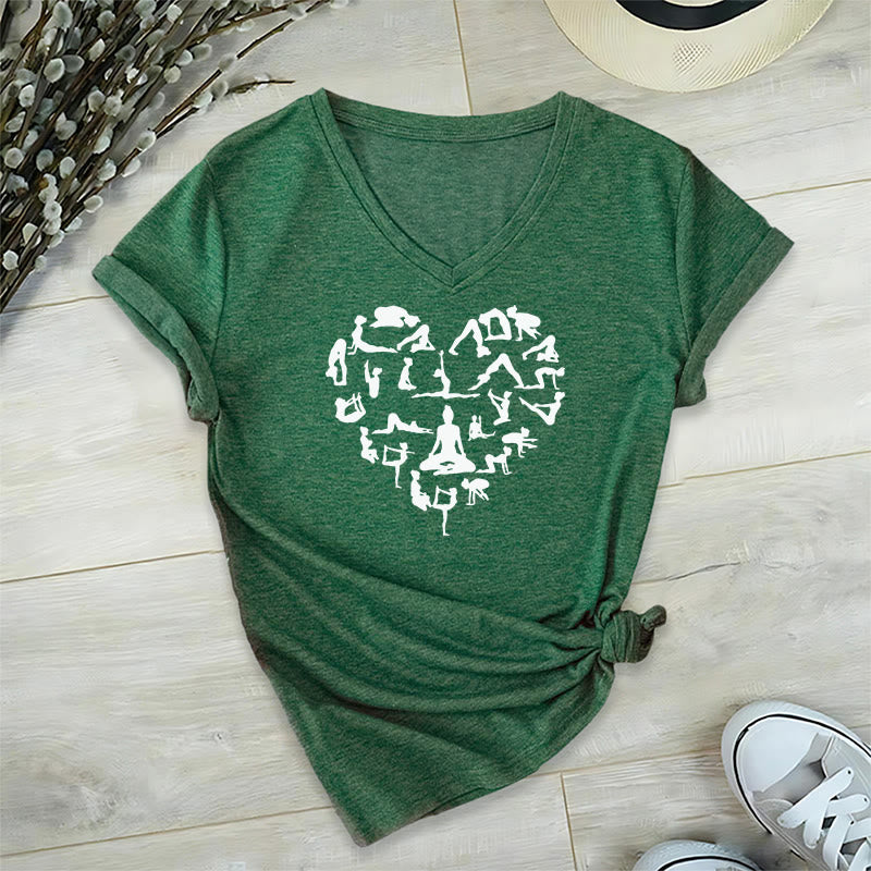 T-shirt à col en V pour femme Olivenorma avec motif silhouette de toutes les postures de yoga en forme de cœur - Vert foncé - 2XL - image 24