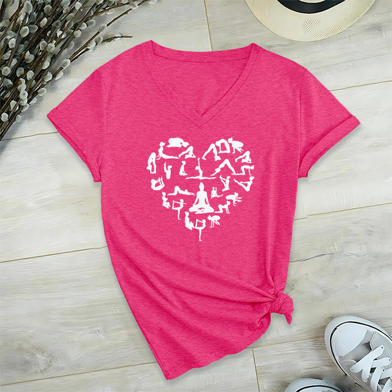T-shirt à col en V pour femme Olivenorma avec motif silhouette de toutes les postures de yoga en forme de cœur - Rose rouge - 2XL - image 33
