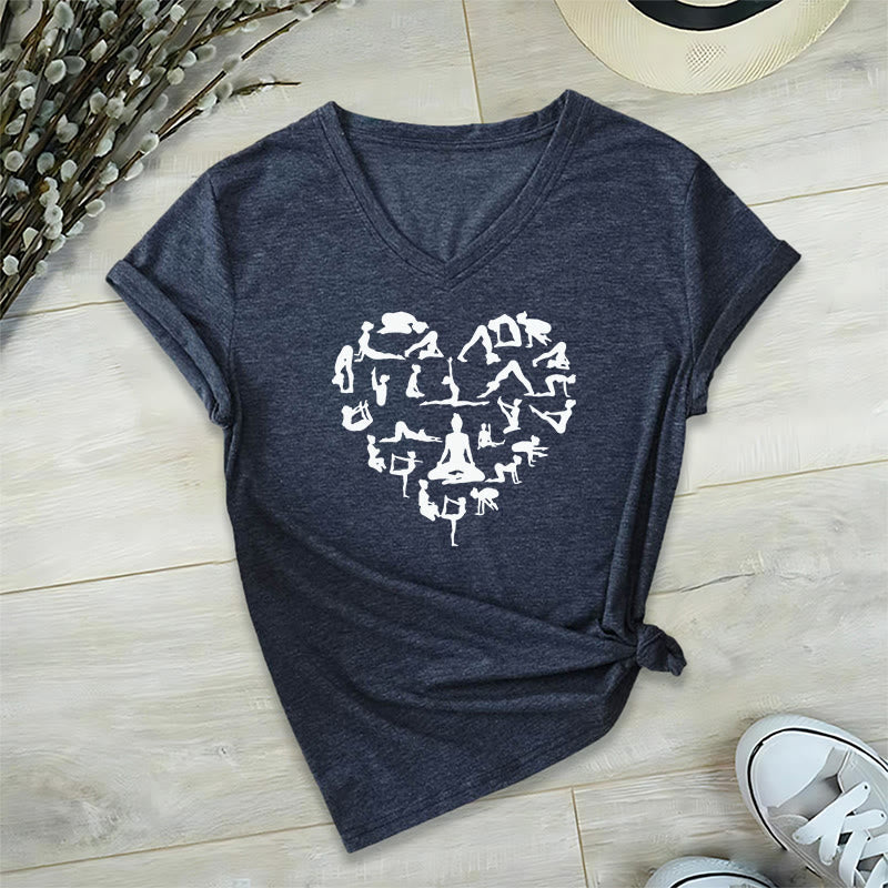 T-shirt à col en V pour femme Olivenorma avec motif silhouette de toutes les postures de yoga en forme de cœur - Bleu marine - 2XL - image 21