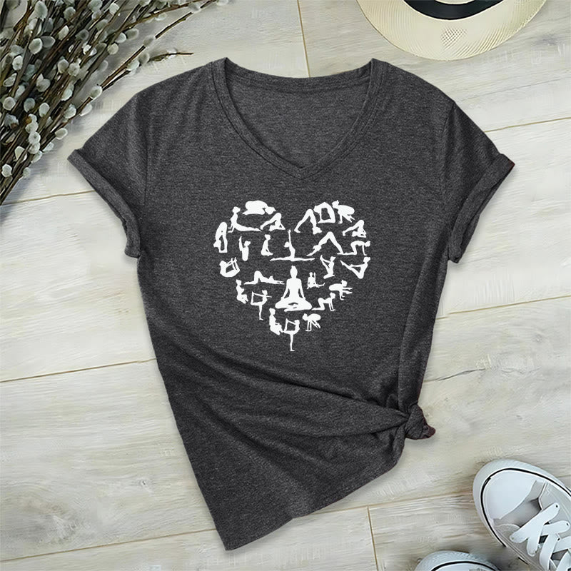 T-shirt à col en V pour femme Olivenorma avec motif silhouette de toutes les postures de yoga en forme de cœur - Gris - 2XL - image 15