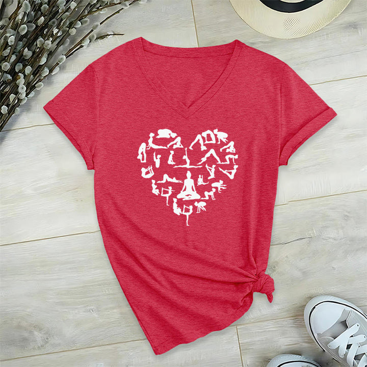 T-shirt à col en V pour femme Olivenorma avec motif silhouette de toutes les postures de yoga en forme de cœur - Rouge - 2XL - image 27