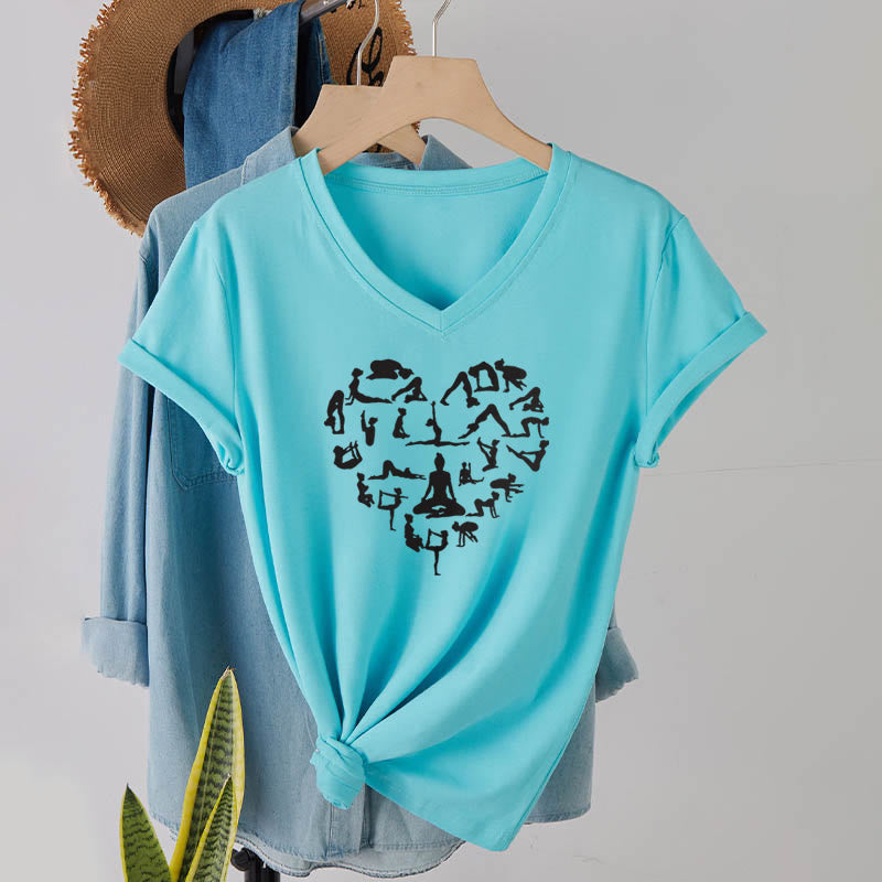 T-shirt à col en V pour femme Olivenorma avec motif silhouette de toutes les postures de yoga en forme de cœur - image 10