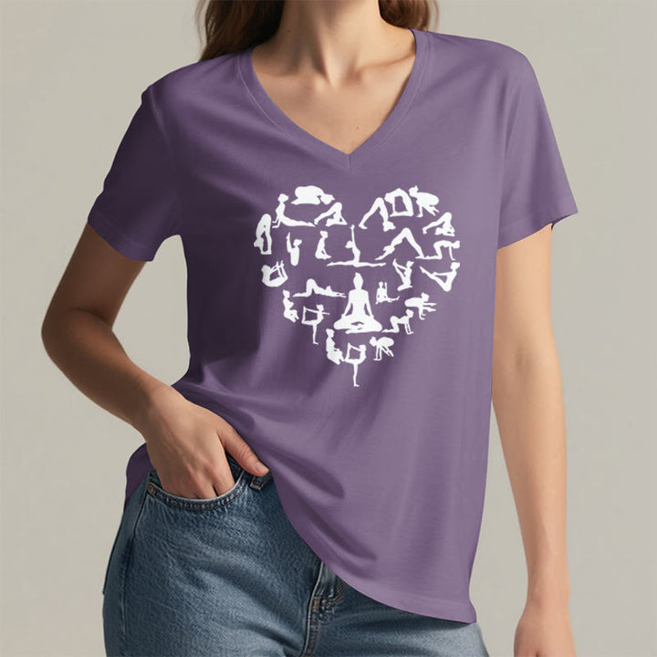 T-shirt à col en V pour femme Olivenorma avec motif silhouette de toutes les postures de yoga en forme de cœur - image 38